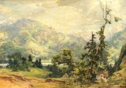 Gustav EYER (1887 - 1946). Liebespaar in den Alpen. 1934.70 cm x 100 cm. Gemälde. Öl auf Platte.