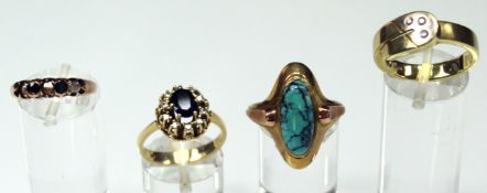 Gold 585. 4 Ringe. Diamanten, Türkis, Saphire.Gold 585. 4 rings. Diamonds, turquoise, sapphires.