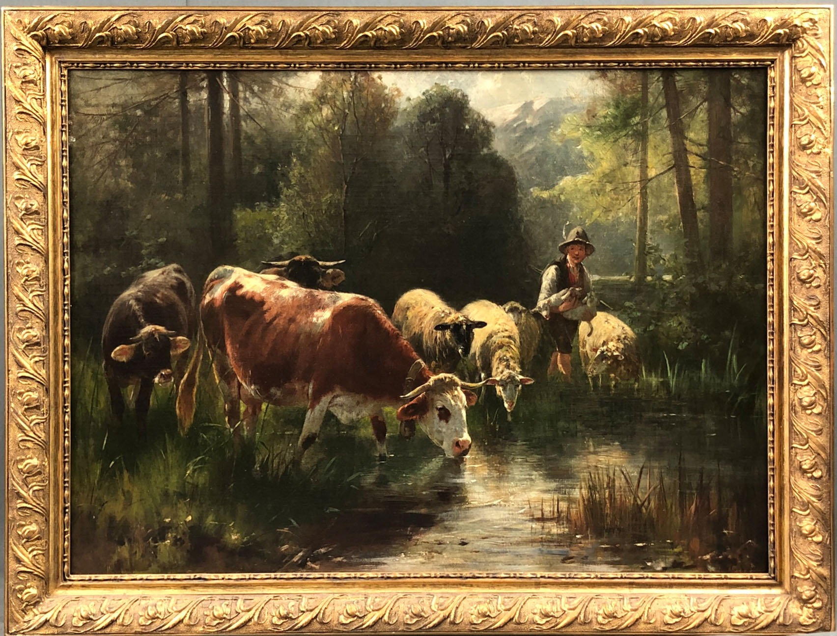 Friedrich Otto GEBLER (1838 - 1917). Hirte mit Vieh.An der Tränke. Waldweiher. 49,8 cm x 67,4 cm. - Image 2 of 9