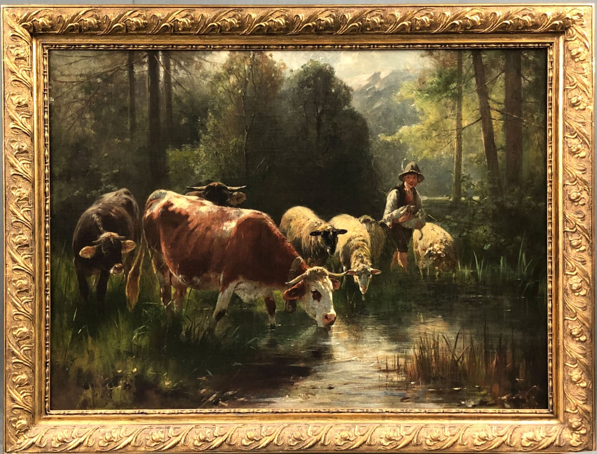 Friedrich Otto GEBLER (1838 - 1917). Hirte mit Vieh.An der Tränke. Waldweiher. 49,8 cm x 67,4 cm. - Bild 2 aus 9