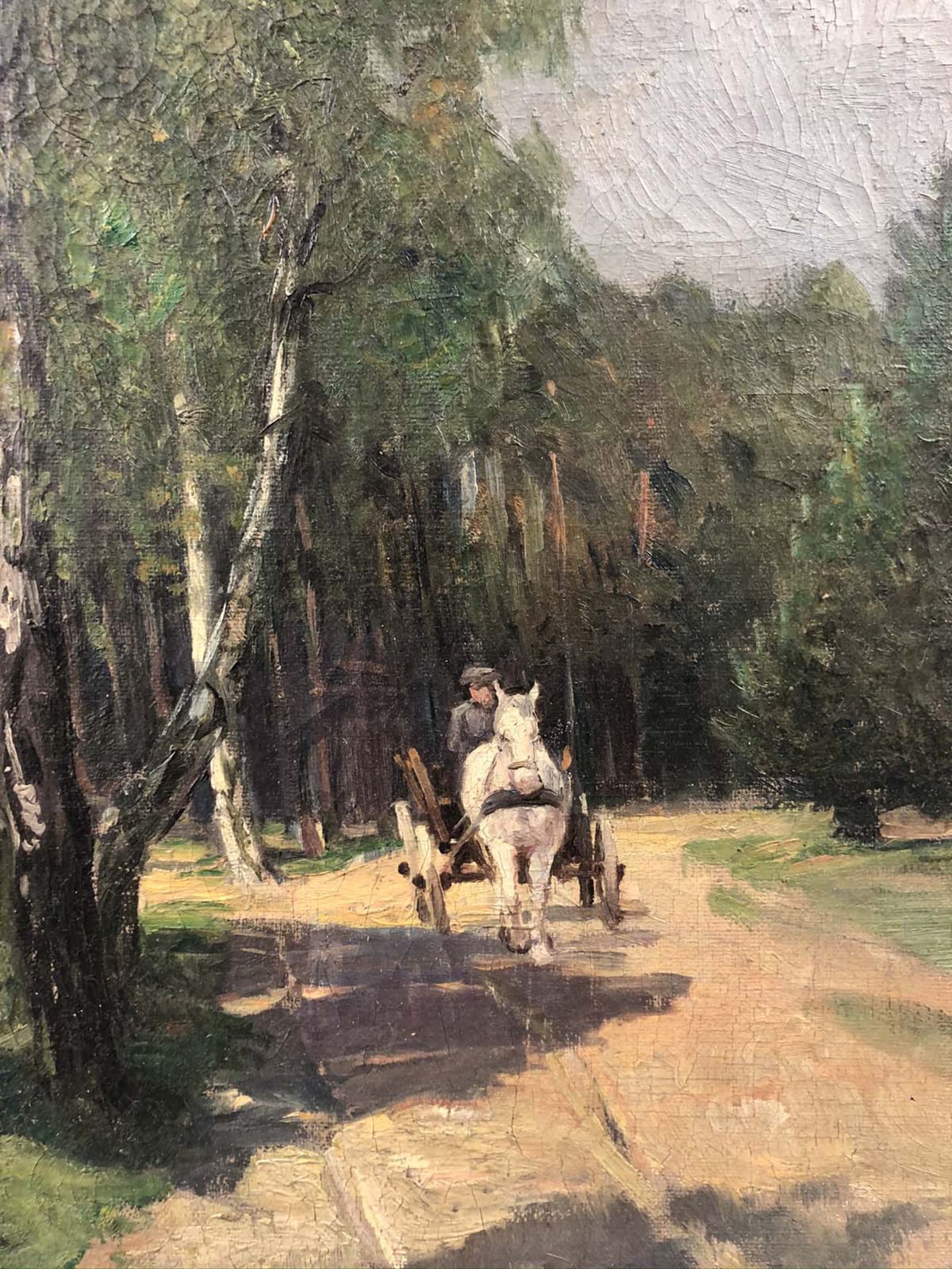 UNDEUTLICH SIGNIERT (XIX - XX). Ausfahrt. Schimmel. Einspänner. Pferd.58 cm x 46 cm. Gemälde. Öl auf - Bild 5 aus 11