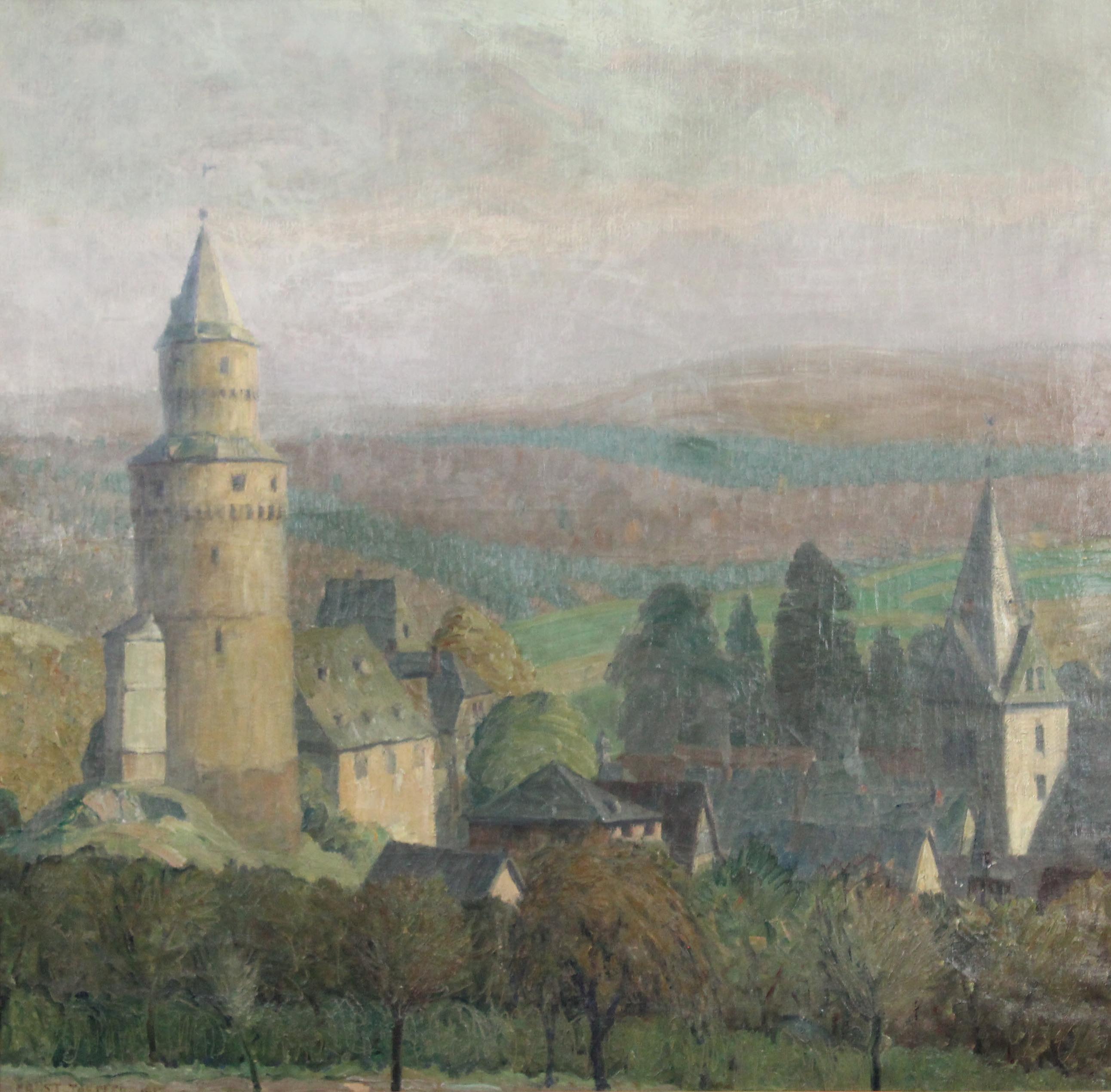 Ernst TOEPFER (1877 - 1955). "Idstein mit Hexenturm, 1917".100 cm x 102 cm. Gemälde. Öl auf