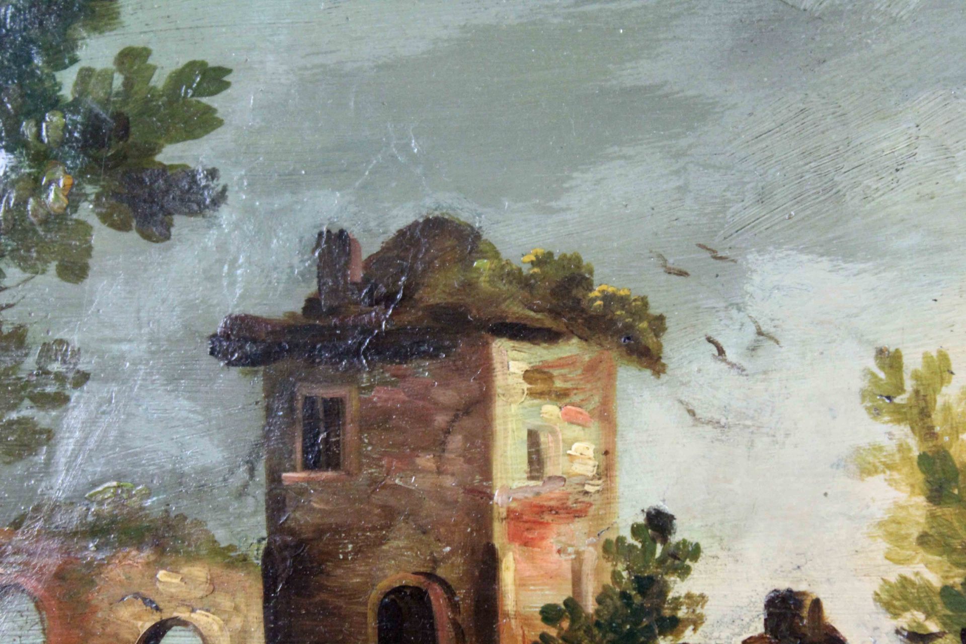 UNSIGNIERT (XVIII - XIX). Burgruine am Fluss. Berge. Passanten.26 cm x 32 cm. Gemälde. Öl auf - Image 7 of 8