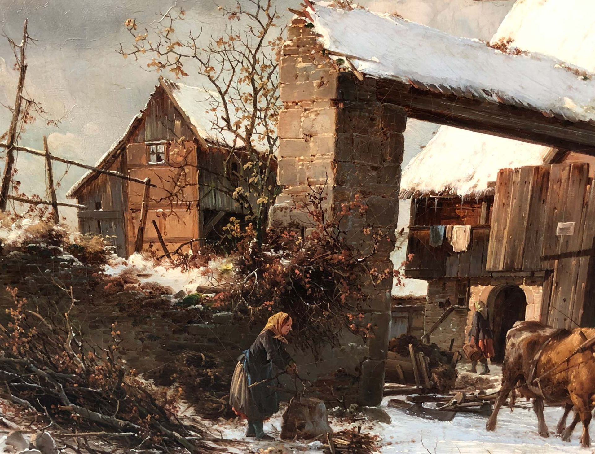 Carl Julius LEYPOLD (1806 - 1874). Bauerngehöft im Winter.44 cm x 55 cm. Gemälde. Öl auf Leinwand. - Image 3 of 8