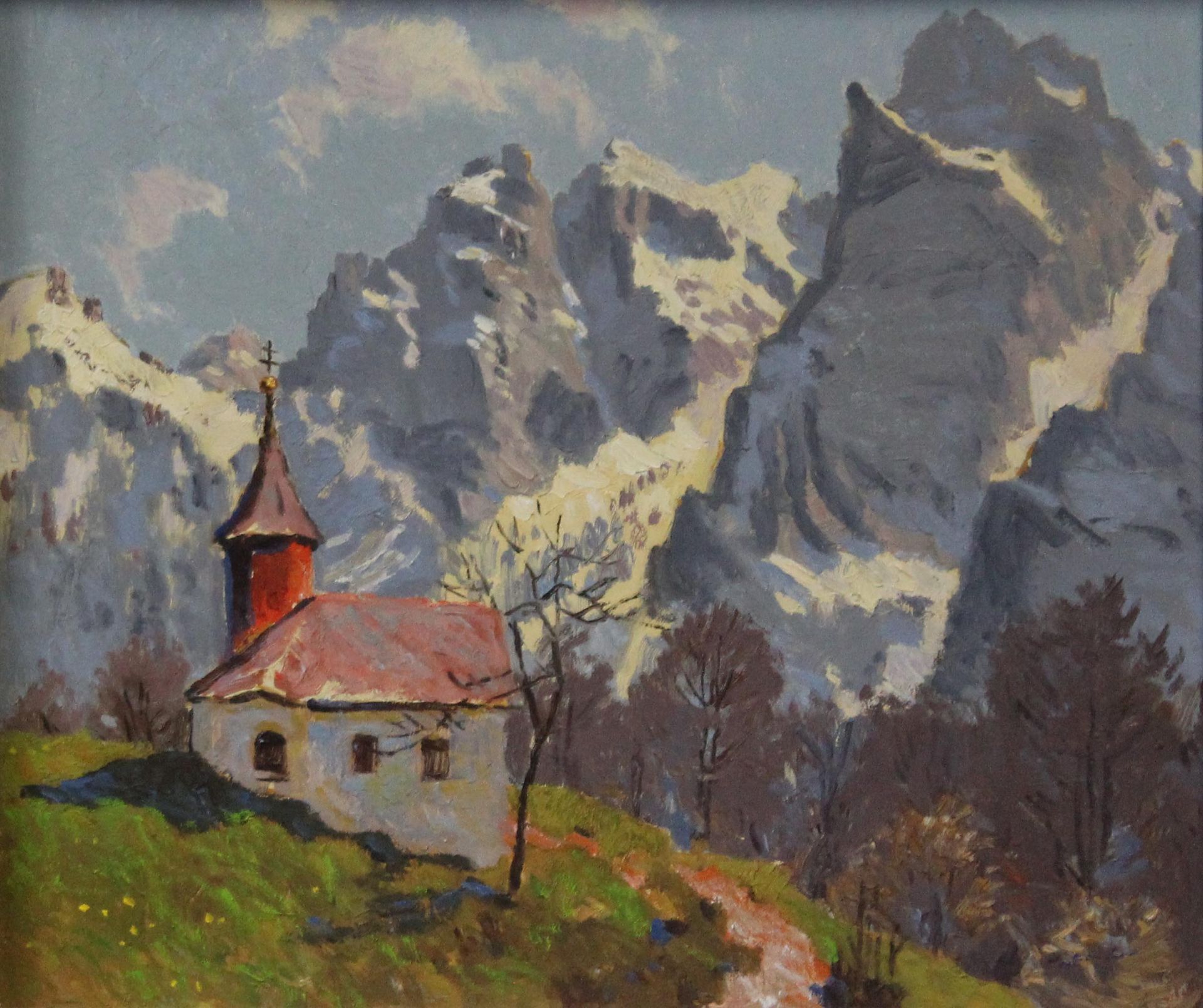 Josef MENG (1887-1974). "Antonius-Kapelle mit Wildem Kaiser."61,5 cm x 71,5 cm. Gemälde. Öl auf