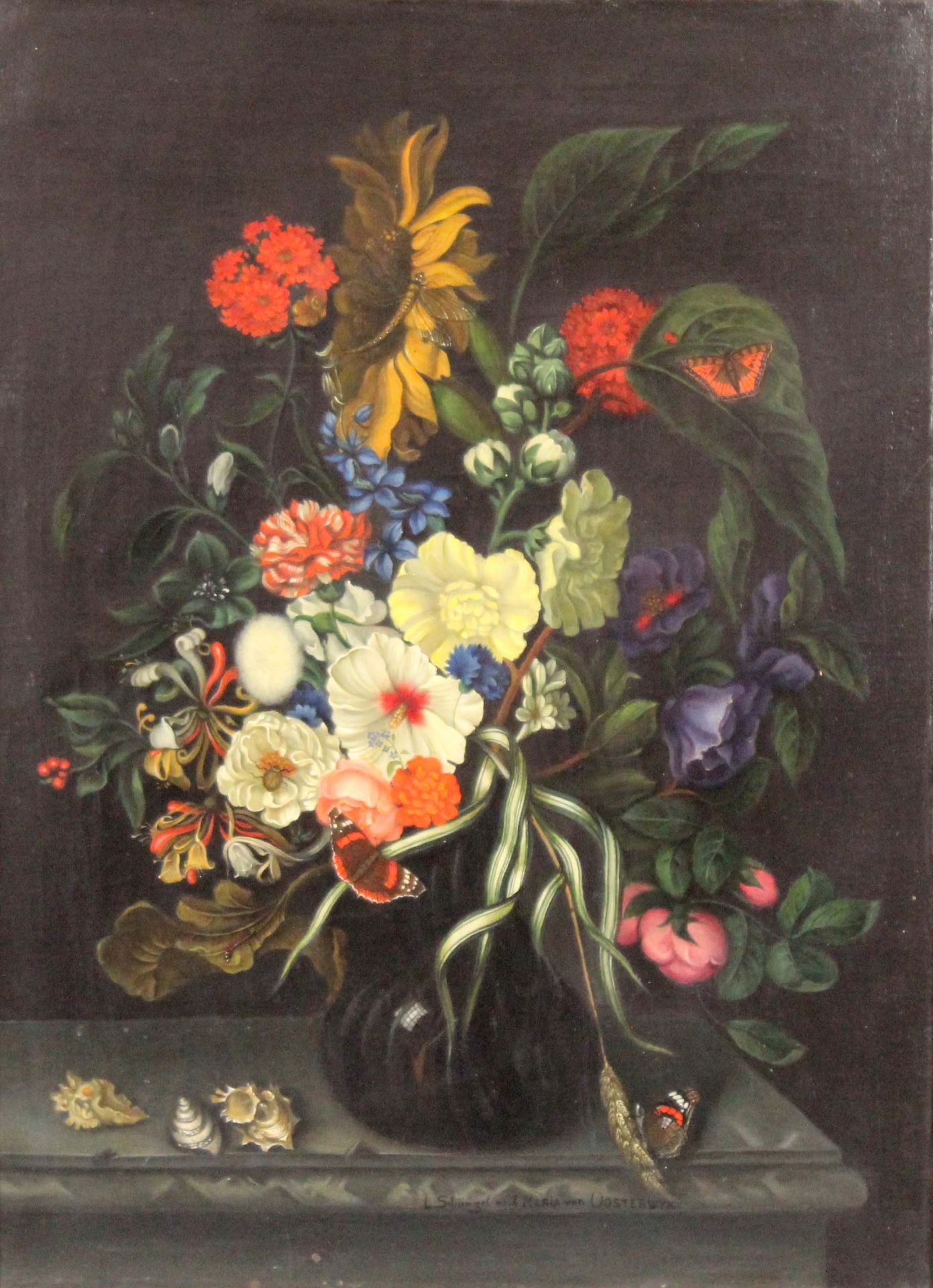 Nach Maria VAN OOSTERWYCK. "Blumen und Muscheln".75 cm x 55,5 cm. Gemälde. Öl auf Leinwand. Kopie