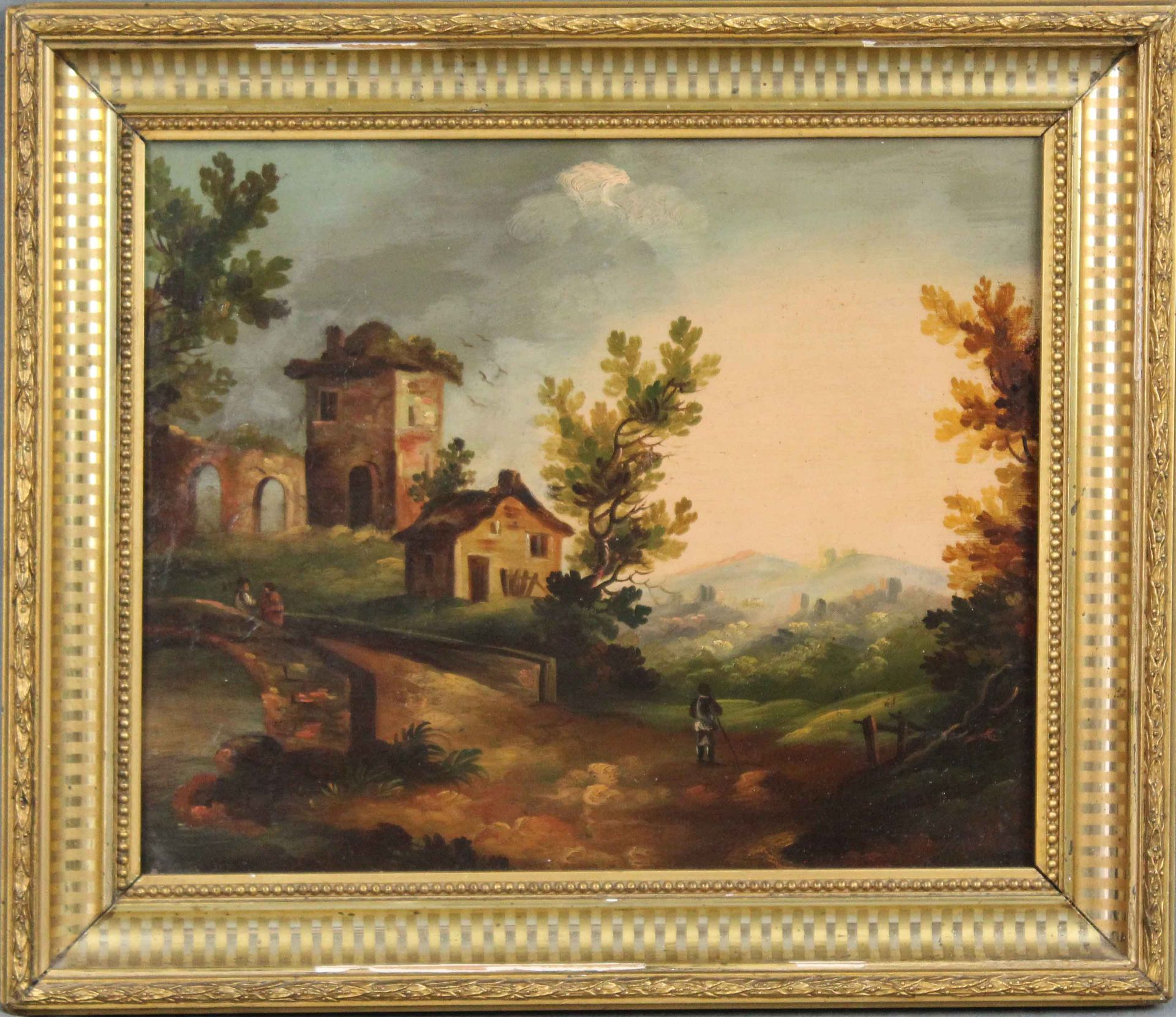 UNSIGNIERT (XVIII - XIX). Burgruine am Fluss. Berge. Passanten.26 cm x 32 cm. Gemälde. Öl auf - Bild 2 aus 8