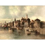 August VON SIEGEN (1850 -?). Hafenstadt.97 cm x 142 cm. Gemälde. Öl auf Leinwand. Unten Rechts