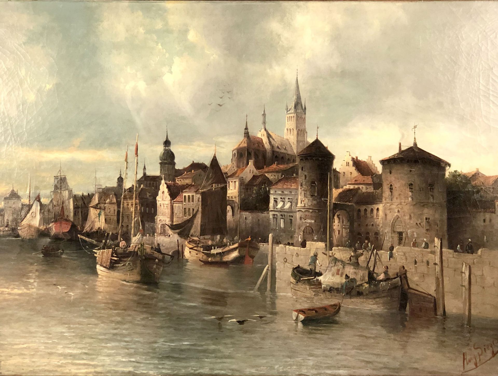 August VON SIEGEN (1850 -?). Hafenstadt.97 cm x 142 cm. Gemälde. Öl auf Leinwand. Unten Rechts