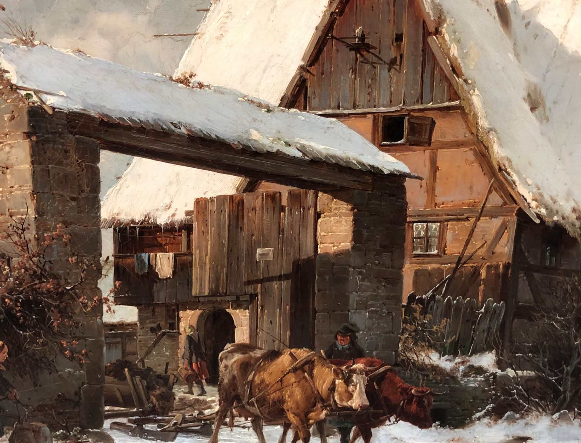 Carl Julius LEYPOLD (1806 - 1874). Bauerngehöft im Winter.44 cm x 55 cm. Gemälde. Öl auf Leinwand. - Image 2 of 8