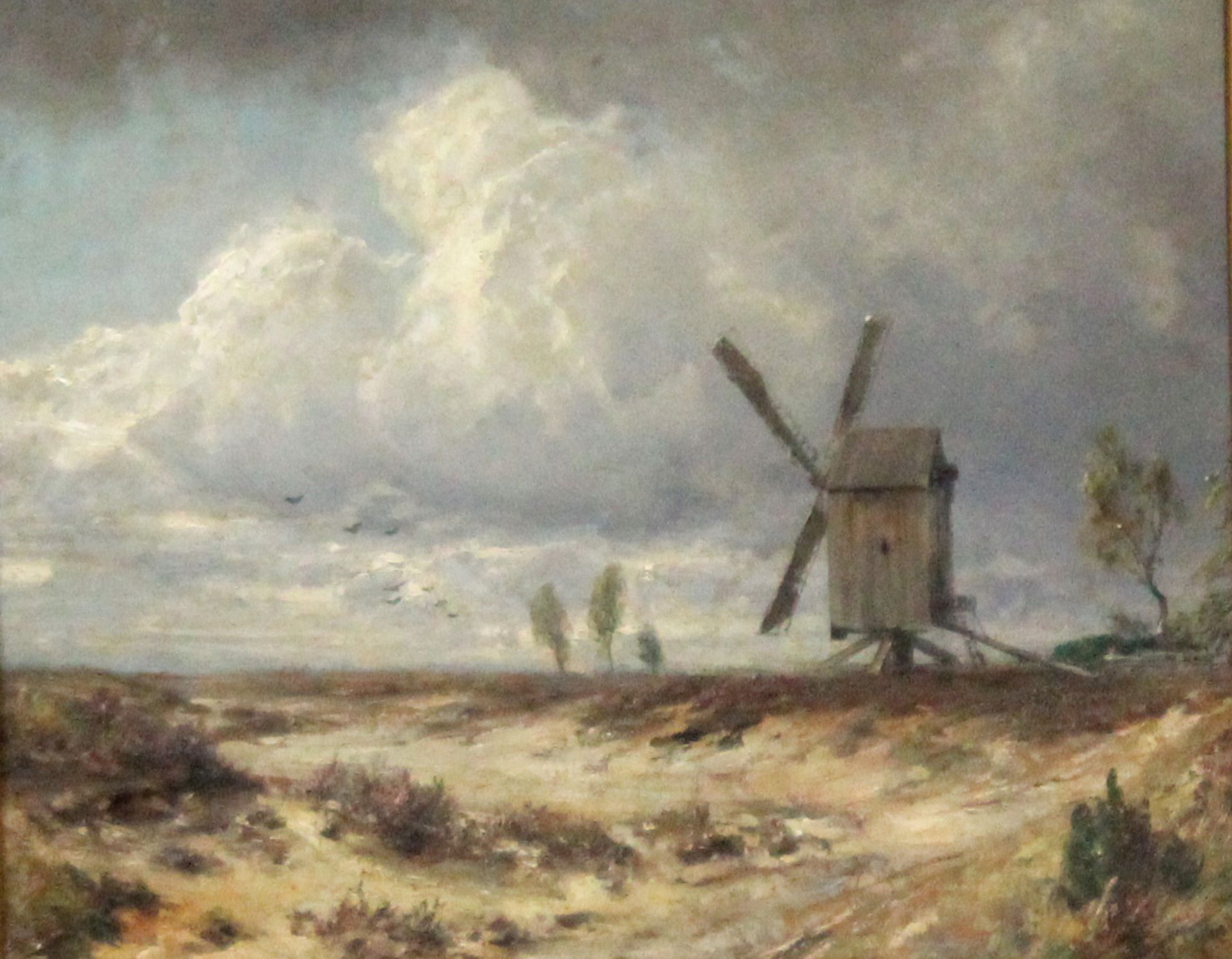 Haager Schule (XIX - XX). Polderlandschaft mit Windmühle.40 cm x 50 cm. Gemälde. Öl auf Platte.