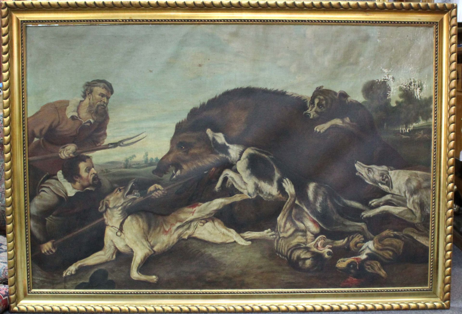 Nach Frans SNYDERS (1579 - 1657). Eber Jagd.106 cm x 161 cm. Gemälde. Öl auf Leinwand. Rechts - Image 10 of 16