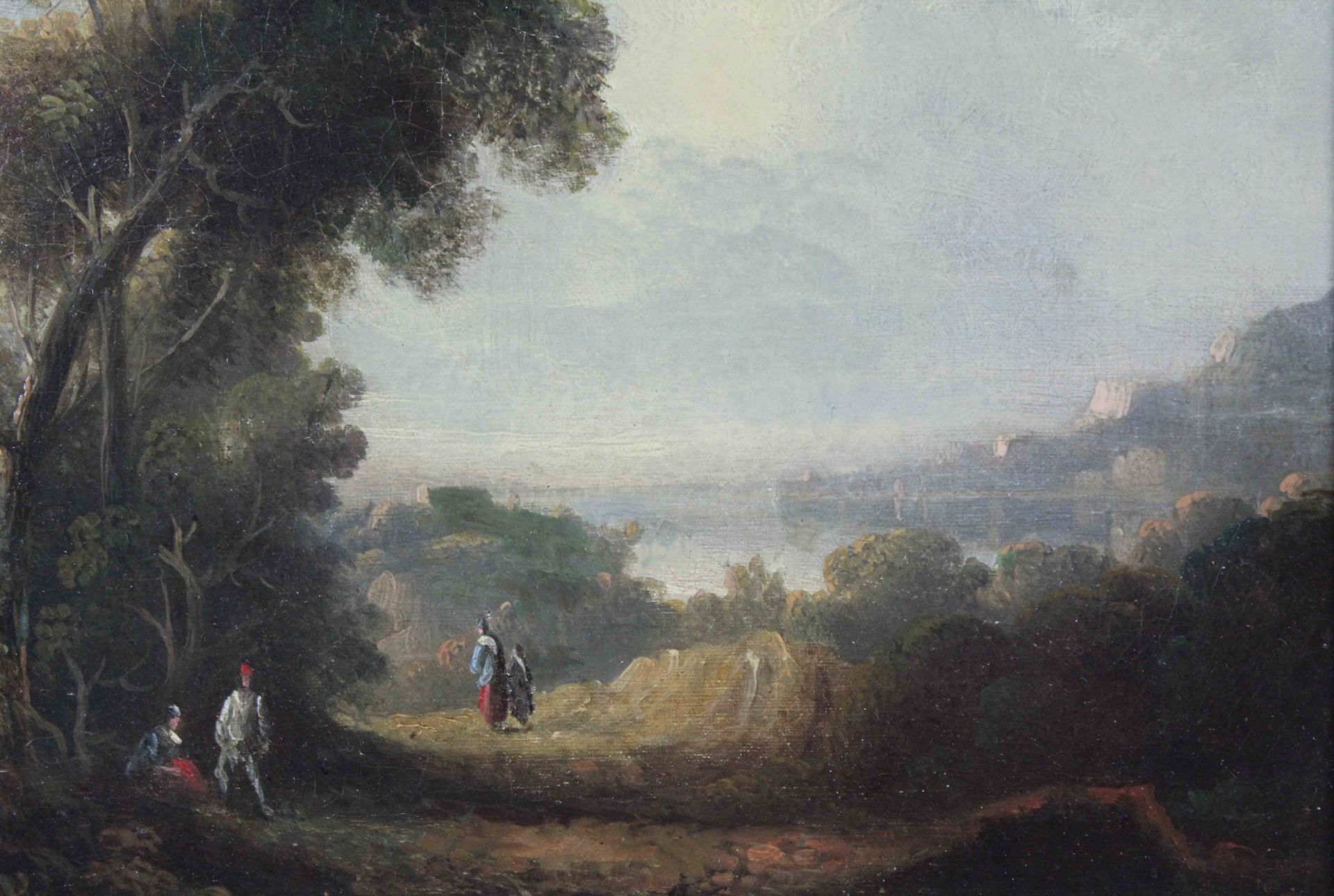 UNSIGNIERT (XVIII). Landschaft mit Bergen, See und Passanten.23 cm x 30,5 cm. Gemälde. Öl auf - Bild 5 aus 8