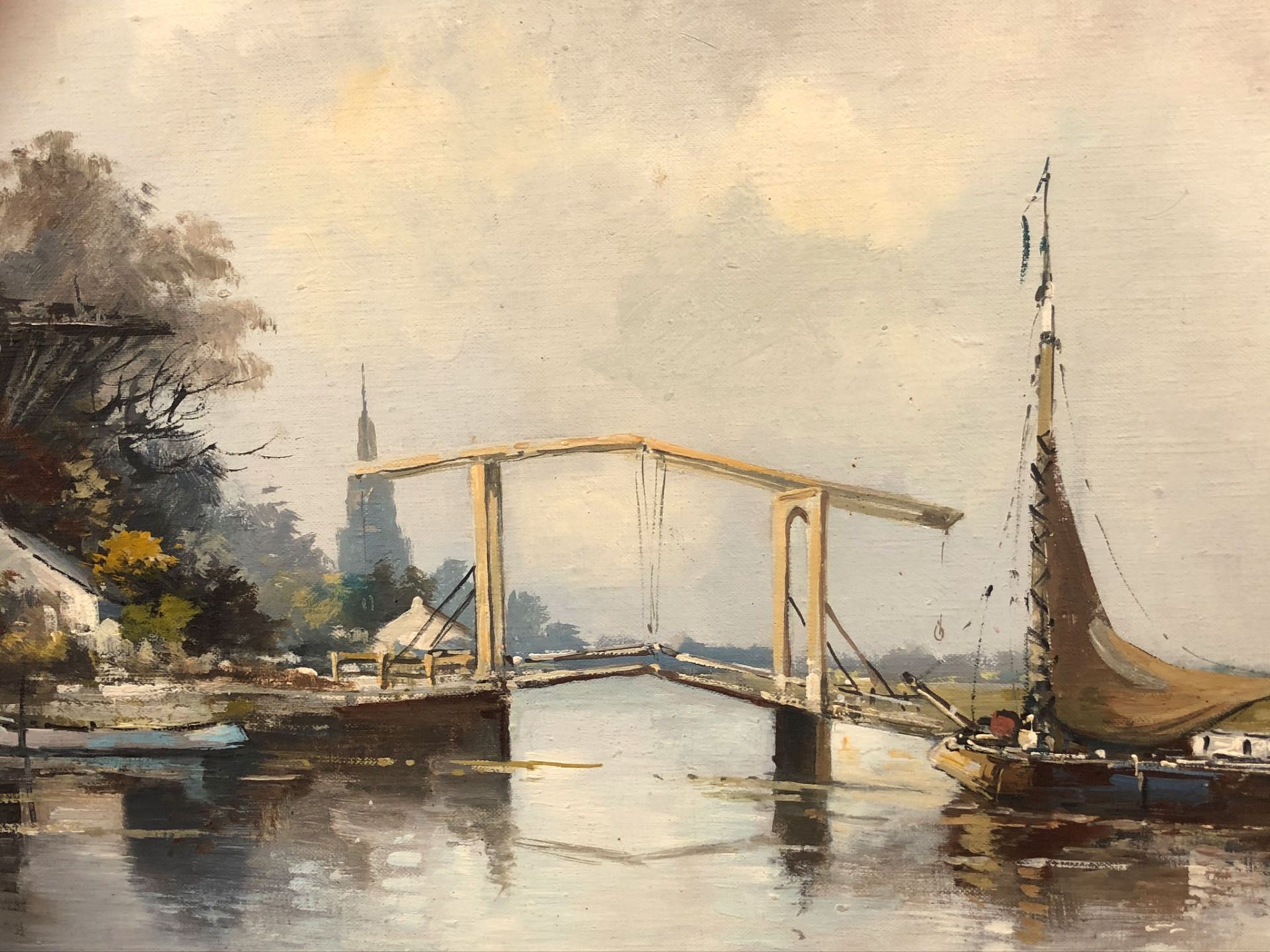 UNDEUTLICH SIGNIERT (XX). Zugbrücke, Plattbodenschiff, Windmühle.70,5 cm x 100 cm. Gemälde. Öl auf - Image 2 of 6