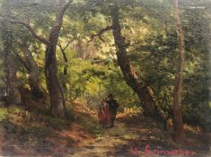 Heinrich LEINWEBER (1836 - 1908). Liebespaar beim Waldspaziergang.14 cm x 19 cm. Gemälde. Öl auf