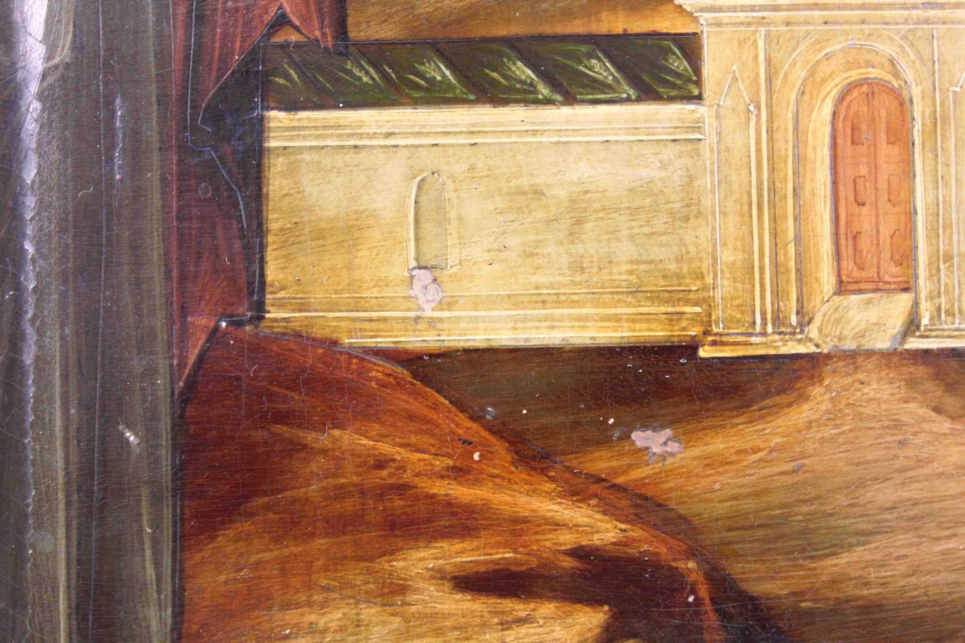 Ikone Russland. Evangelist.53 cm x 43,5 cm. Gemälde. Im Hintergrund ein Kloster. Wohl um 1850.Icon - Bild 8 aus 10
