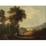 UNSIGNIERT (XVIII). Landschaft mit Bergen, See und Passanten.23 cm x 30,5 cm. Gemälde. Öl auf