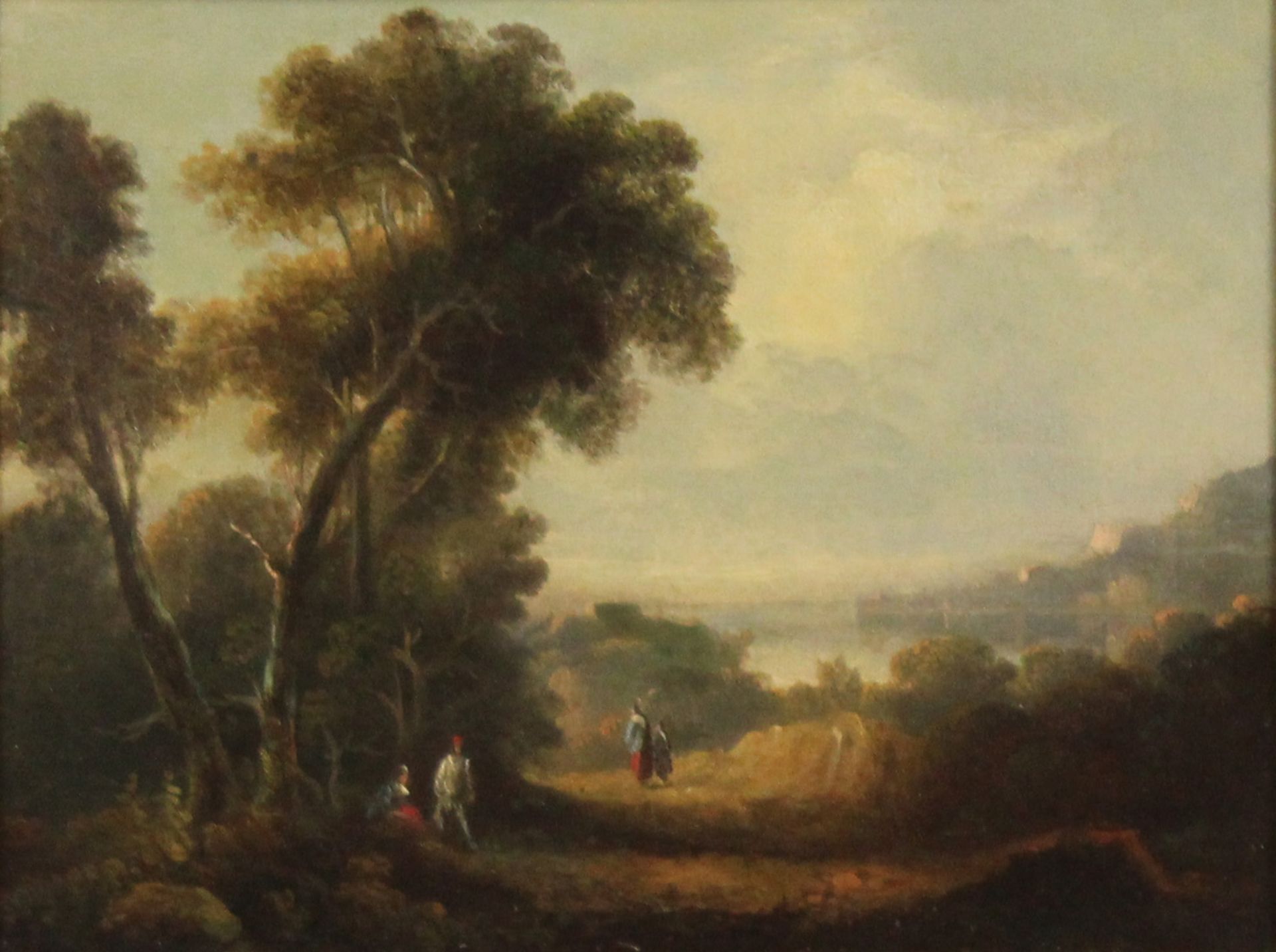 UNSIGNIERT (XVIII). Landschaft mit Bergen, See und Passanten.23 cm x 30,5 cm. Gemälde. Öl auf