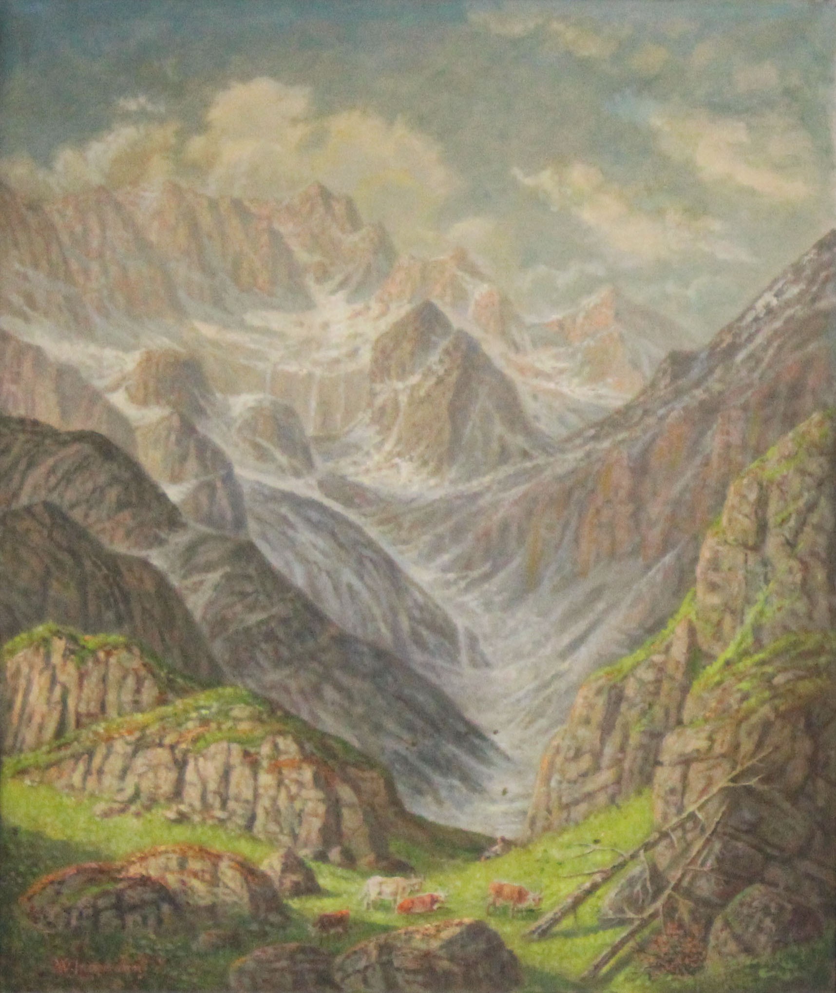 W. JUNGERMANN (XX). Bergpanorama.75 cm x 64 cm. Gemälde. Öl auf Leinwand. Links unten signiert.W.