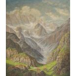 W. JUNGERMANN (XX). Bergpanorama.75 cm x 64 cm. Gemälde. Öl auf Leinwand. Links unten signiert.W.