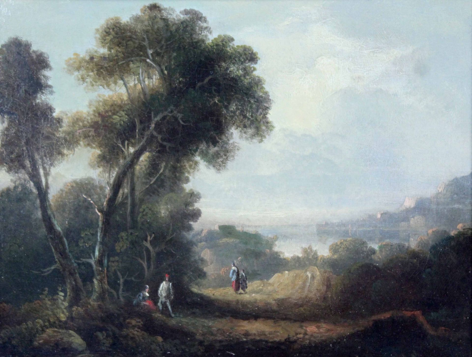 UNSIGNIERT (XVIII). Landschaft mit Bergen, See und Passanten.23 cm x 30,5 cm. Gemälde. Öl auf - Image 3 of 8