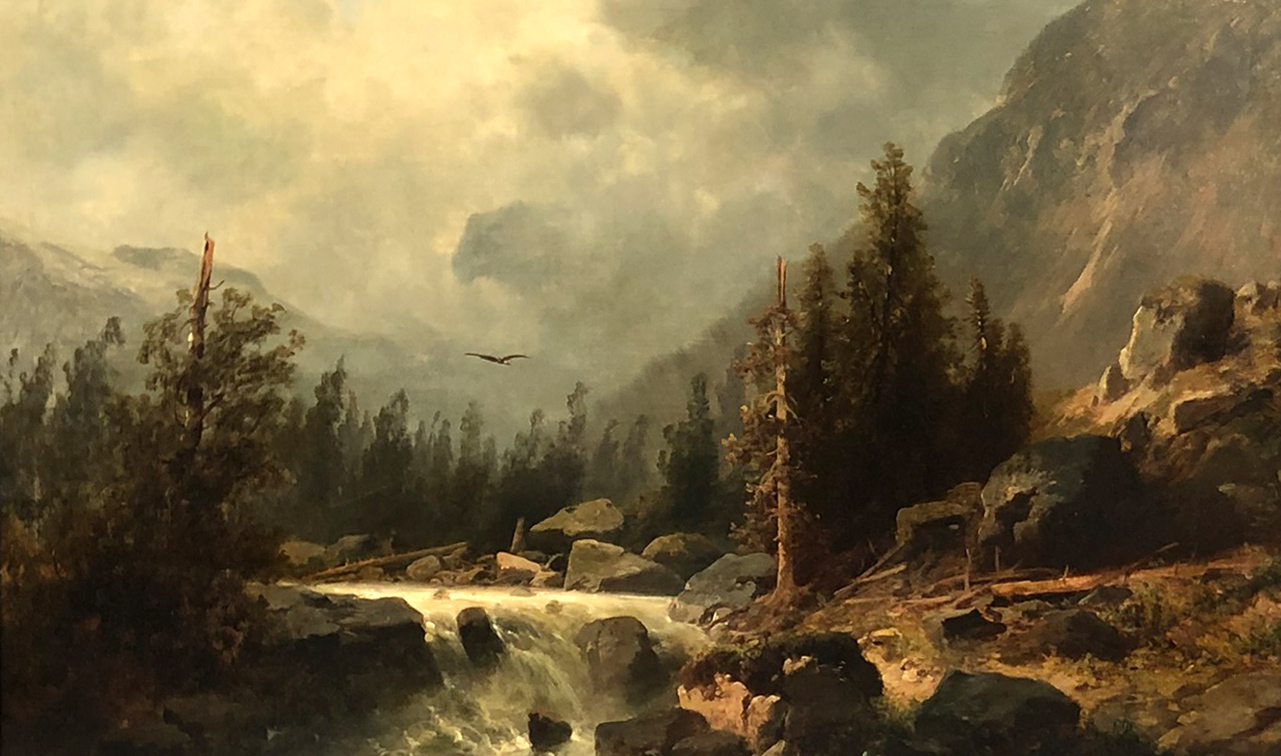 Josef THOMA (1828 - 1899). Gebirgsbach mit Adler.58 cm x 90 cm. Gemälde. Öl auf Leinwand auf