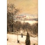 Carl Friedrich W. GEIST (1870 - 1931). Dame vor Stadt im Winter.70 cm x 48 cm. Gemälde. Öl auf