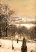 Carl Friedrich W. GEIST (1870 - 1931). Dame vor Stadt im Winter.70 cm x 48 cm. Gemälde. Öl auf