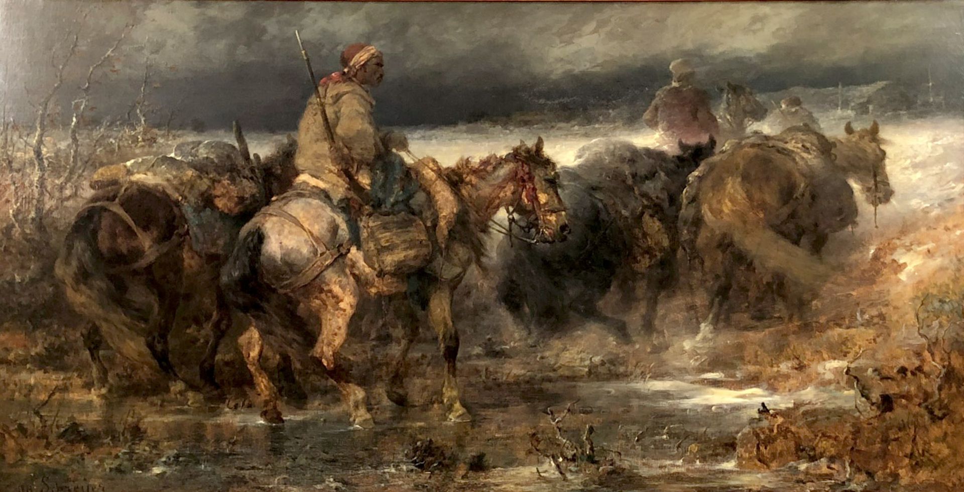 Christian Adolf SCHREYER (1828 - 1899). Arabische Reiter überqueren eine Furt.72,5 cm x 140 cm.