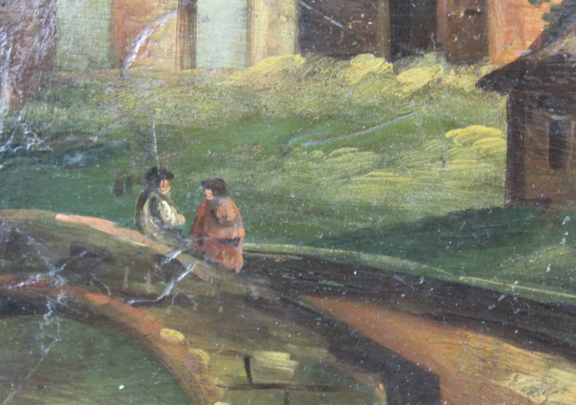 UNSIGNIERT (XVIII - XIX). Burgruine am Fluss. Berge. Passanten.26 cm x 32 cm. Gemälde. Öl auf - Image 5 of 8