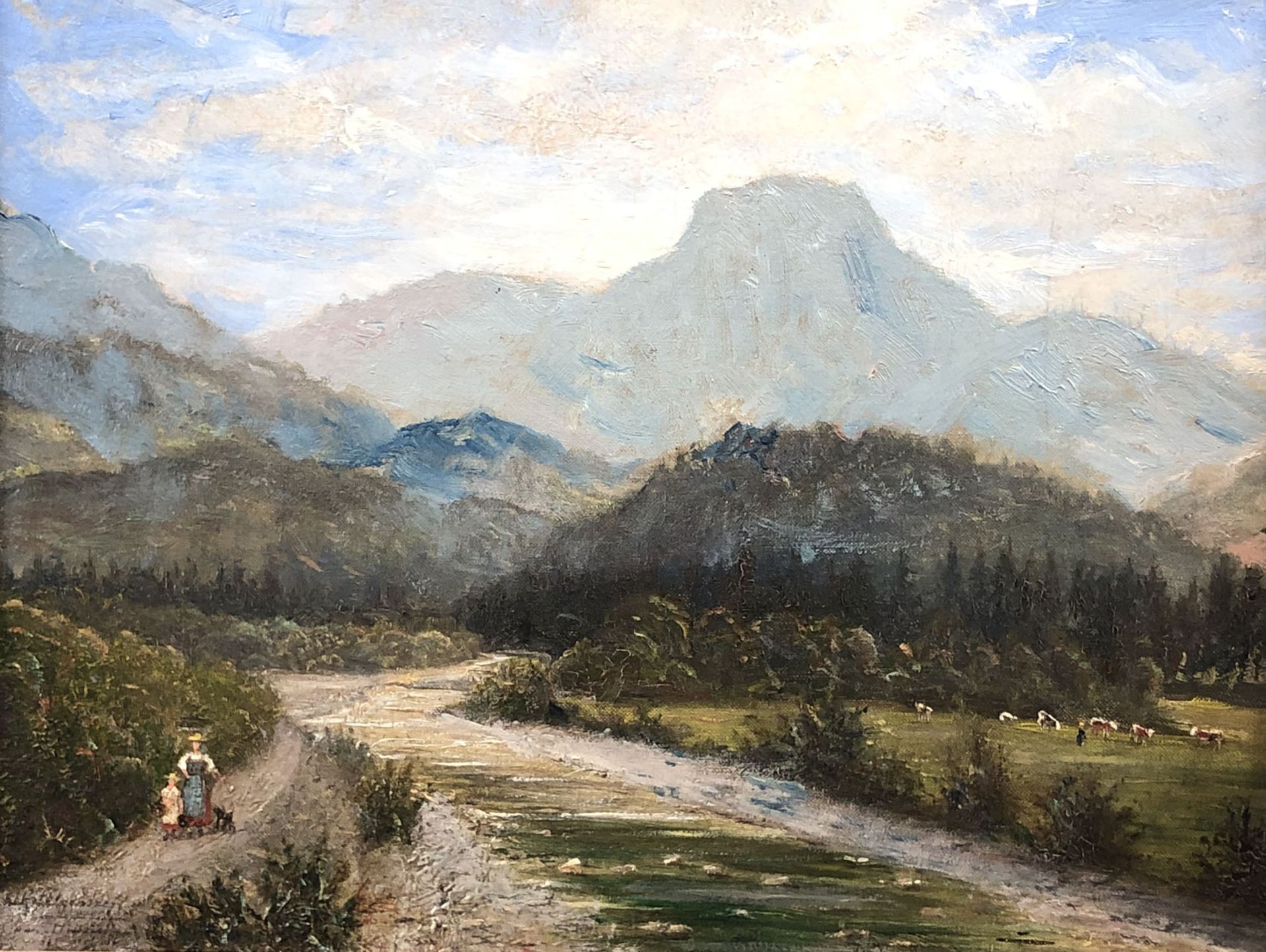 Paul FELGENTREFF (1854 - 1933). Alpenfluss mit Kühen und Mutter mit Kind.27 cm x 37 cm. Gemälde.