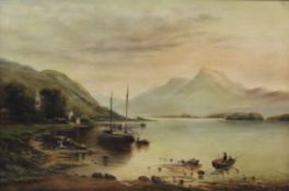 UNDEUTLICH SIGNIERT (XIX). Loch Lemond?51 cm x 76 cm. Gemälde. Öl auf Leinwand. Links unten