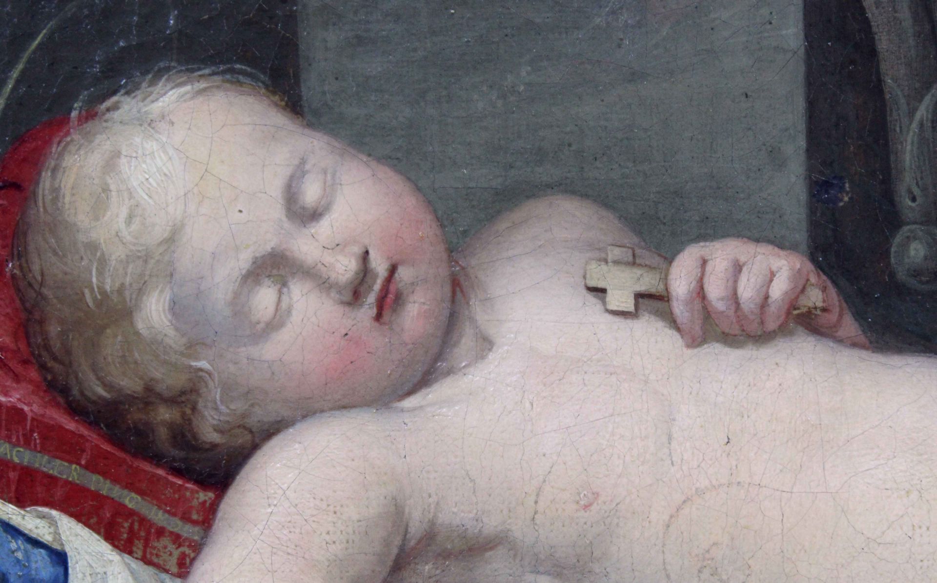 Schlafender Christus - Knabe.32 cm x 44 cm. Gemälde. Öl auf Leinwand. Wohl alt - Bild 8 aus 14