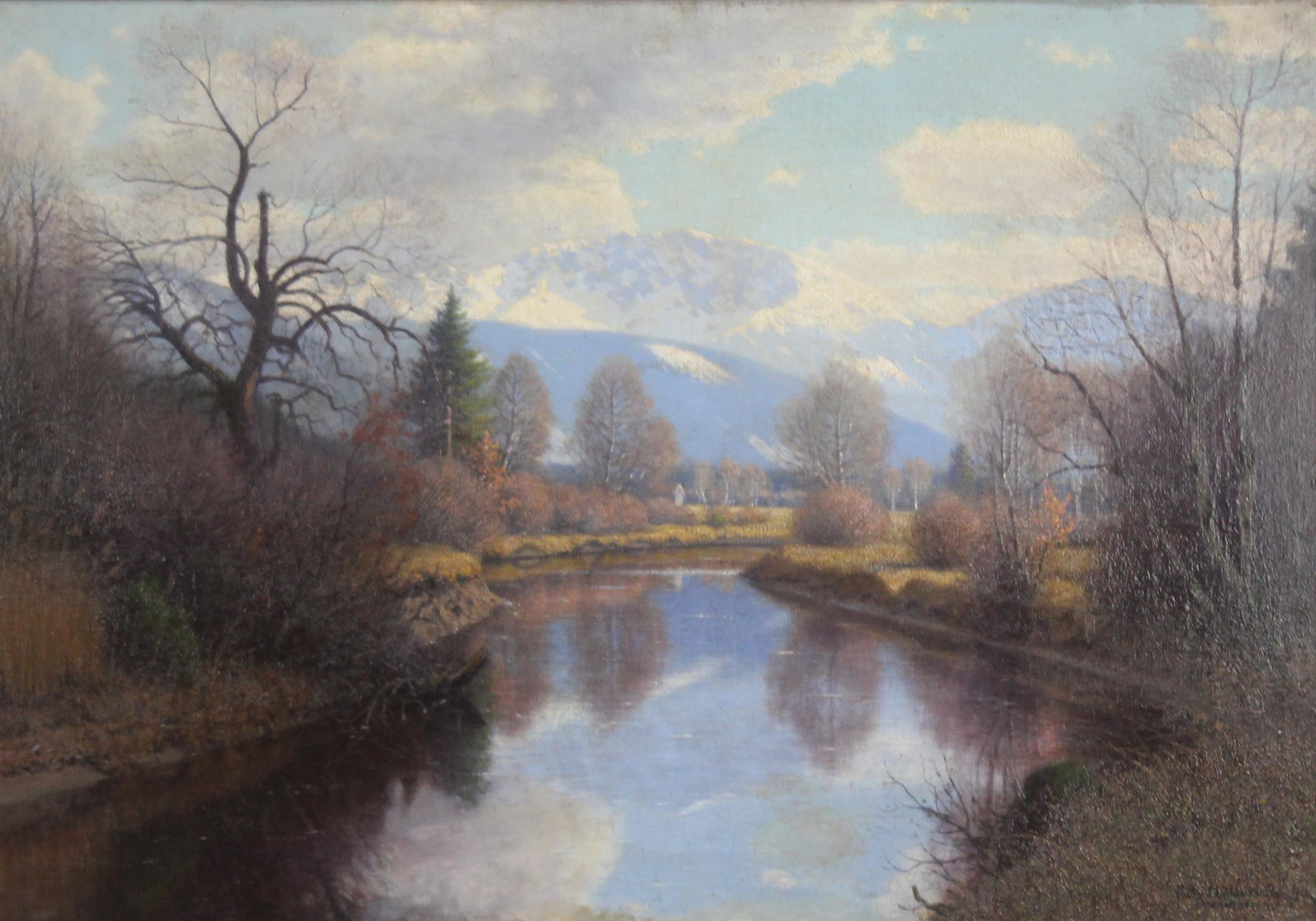 Fritz MÜLLER-LANDECK (1865 - 1942). Alpen mit Fluss.71 cm x 100 cm. Gemälde. Öl auf Leinwand.