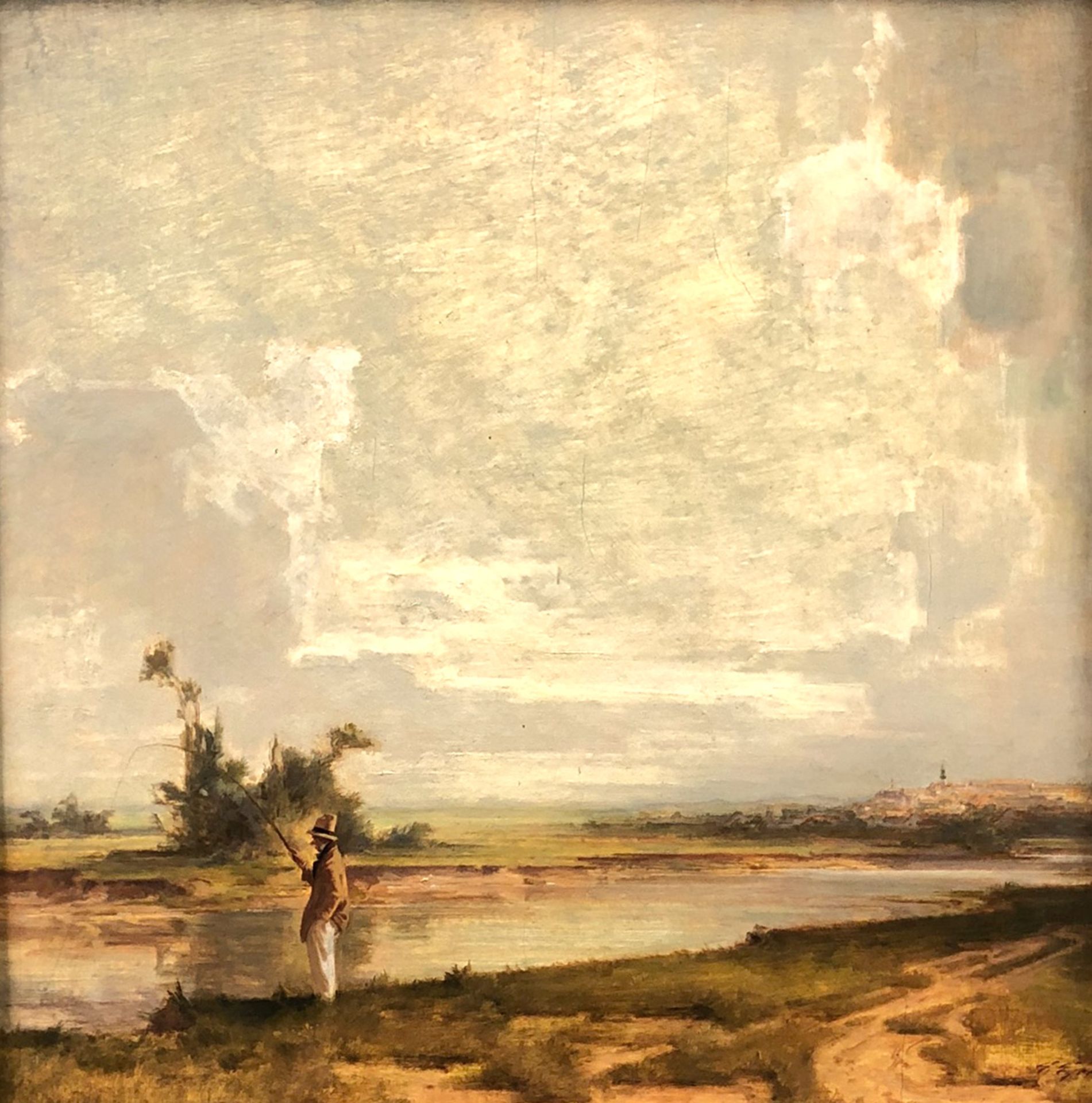 UNDEUTLICH SIGNIERT (XIX - XX). Angler.41,5 cm x 41,5 cm. Gemälde. Öl auf Platte. Rechts unten