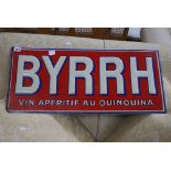 Byrrh, a tin plate sign for Vin Aperitif au Quinquina in blue, red and white (13 x 29 in). FOR