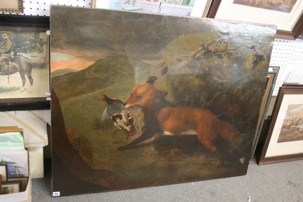 English Provincial school, early 19th century, oils on canvas, fox with partridge (87 x 110 cm),