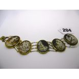 A 19th century Italian shell cameo bracelet, the five cameos carved with mythological subjects,