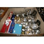 A carton of silver-plated and other metalwares, including a tea and coffee service, cutlery, etc.
