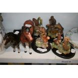 A brown Beswick horse, a Royal Doulton pony and four Mastercraft countryside animals on stand [s6]