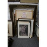 A mixed lot of pictures including a needlework picture, a Henry Moor print and a watercolour of a