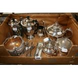A carton of silver-plated items, including a tea set, a Regency-style sugar basin, etc. FOR
