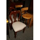 A pair of modern chrome and beech bar stools, a pair of 19th century mahogany dining chairs each