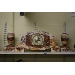 A French Art Deco marble clock garniture, with replaced Westclox battery movement [A] FOR DETAILS OF