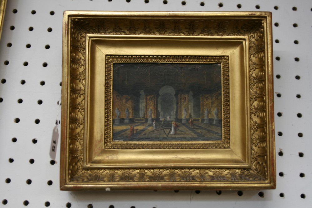 Libelle, a gouache on paper laid to board, visitors in a grand interior, signed and dated 1806 (10 x