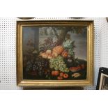 An early 19th century Continental school oils on canvas, still life of a basket overflowing with