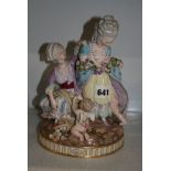 A 19th century Meissen group of a lady with garland and cherubs and girl with basket of broken eggs,