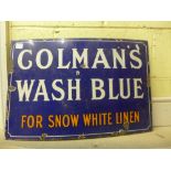 An enamel blue ground 'Colmans Wash Blue for Snow White Linen' advertising sign (24 x 16). FOR