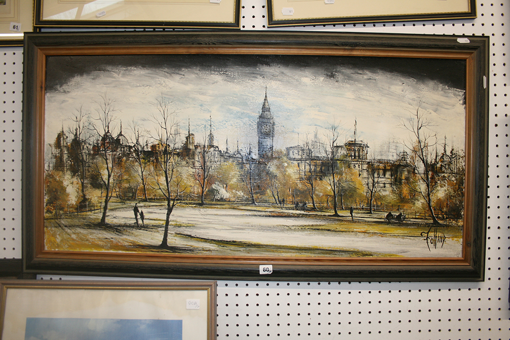 Folland, an oils on canvas of a panoramic view of London Embankment with St Stephen's tower and