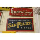 Two tinplate signs: San Felice Cigars (15 x 8 in); and a red ground sign for Budweiser in